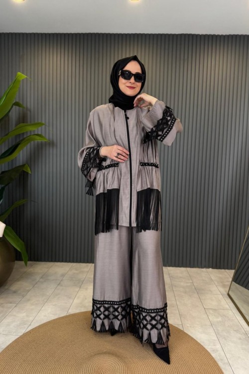 Dantel Detaylı Kupra TAkım Vizon