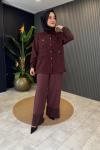 Üç Cepli Önden düğmeli Dubai Gömlek Takım Kızıl Kahve