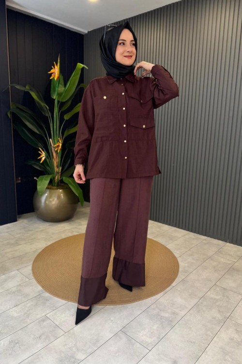 Üç Cepli Önden düğmeli Dubai Gömlek Takım Kızıl Kahve