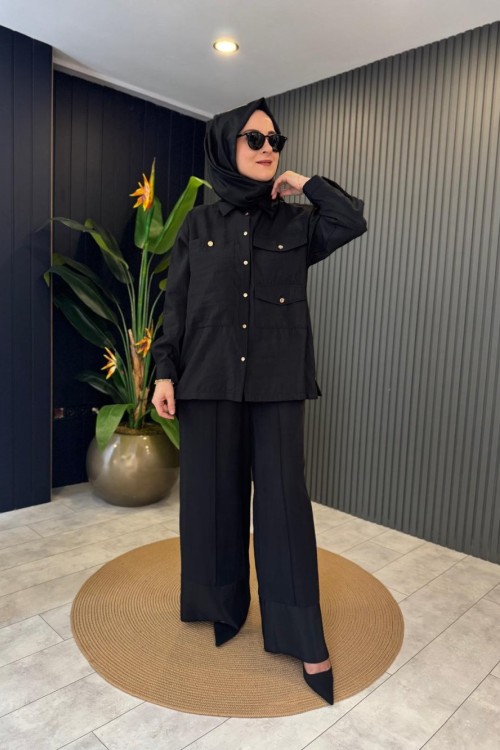 Üç Cepli Önden düğmeli Dubai Gömlek Takım Siyah