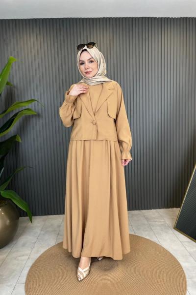 İkili Cupra Elbise Camel