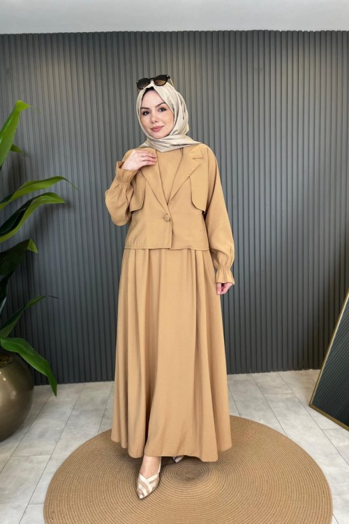 İkili Cupra Elbise Camel