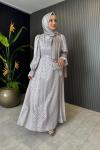 Kolları İnci İşlemeli Elbise Gri