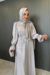 Kolları İnci İşlemeli Elbise Gri