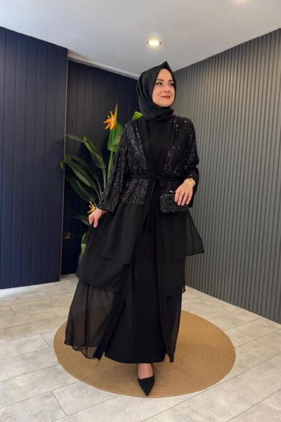 Pul Payet Eteği Şifon Abaya Siyah