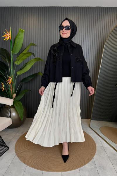 Akordiyon Pliseli Etek Ekru