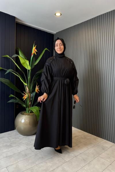 Belden Lastikli Parper Touch Elbise Siyah