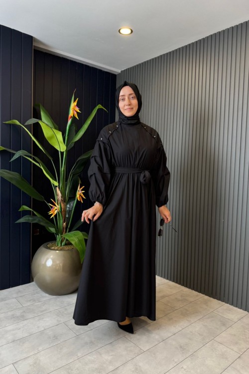 Belden Lastikli Parper Touch Elbise Siyah