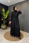 Taş İşlemeli Etek Ucu Katlı  Elbise Siyah