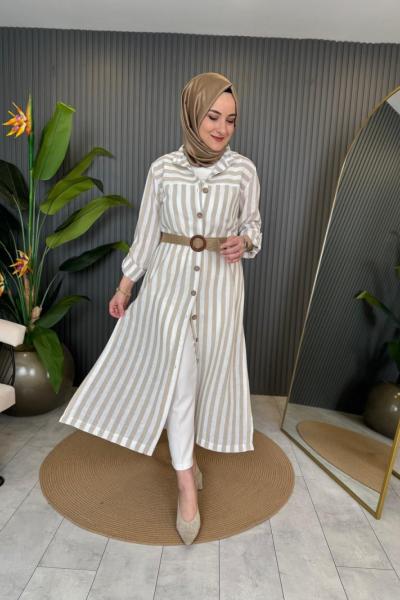 Keten Cizgili Gömlek Bej