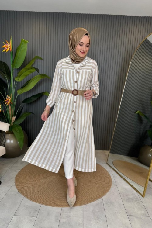 Keten Cizgili Gömlek Bej