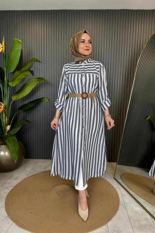 Keten Cizgili Gömlek Mavi