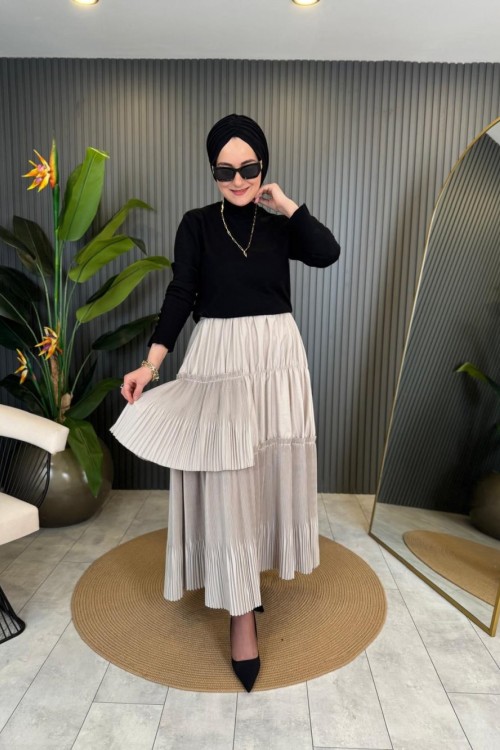Dubai Pliseli Etek Taş Rengi