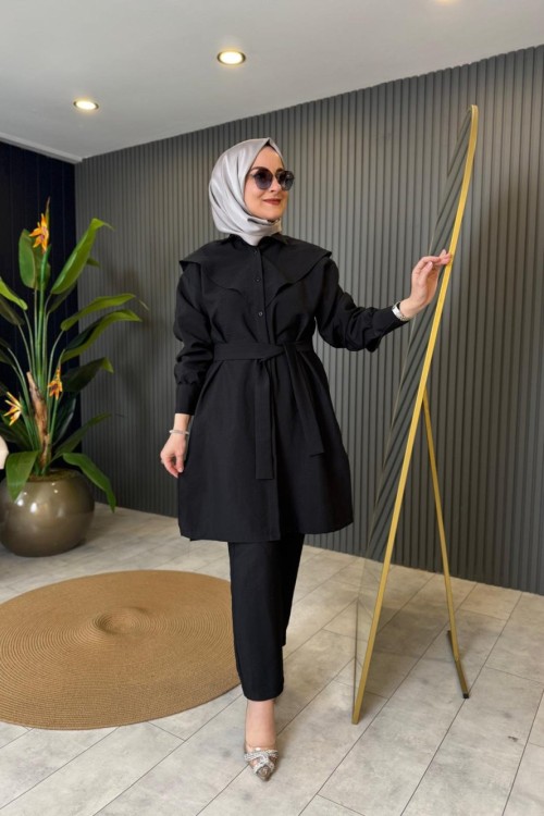 Keten Kupra Bağcık Detaylı Pantolonlu Takım Siyah