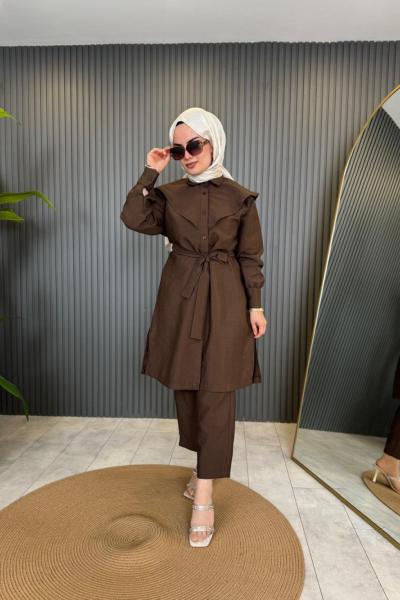 Keten Kupra Bağcık Detaylı Pantolonlu Takım Kahverengi