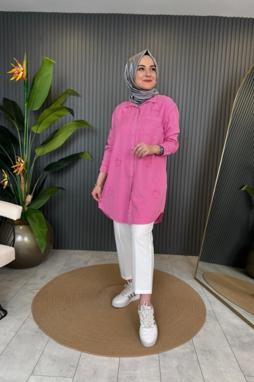 Yıldız İşlemeli Tencel Gömlek Pembe
