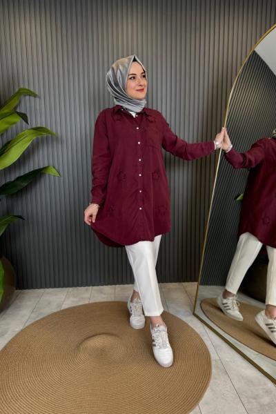 Yıldız İşlemeli Tencel Gömlek Bordo