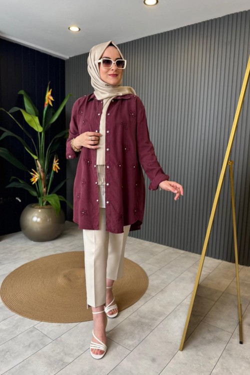 Çiçek İşlemeli Tencel Gömlek Bordo