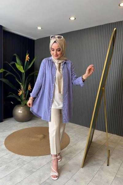 Çiçek İşlemeli Tencel Gömlek Lila