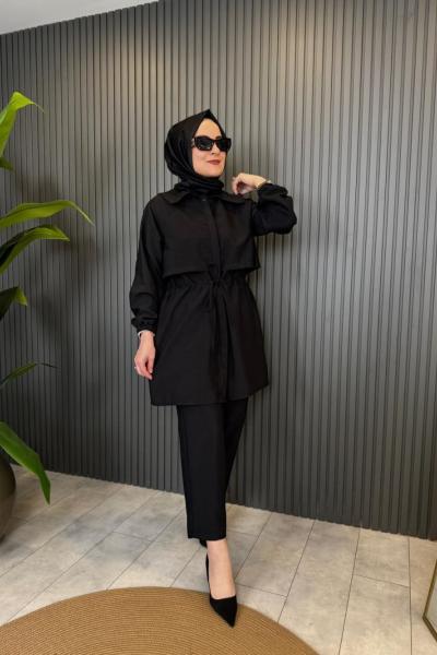 Bel Büzgülü Keten Kupra Pantolon Takım Siyah