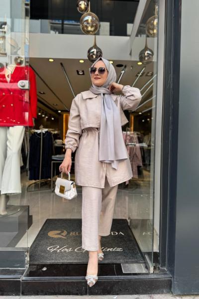 Bel Büzgülü Keten Kupra Pantolon Takım Bej