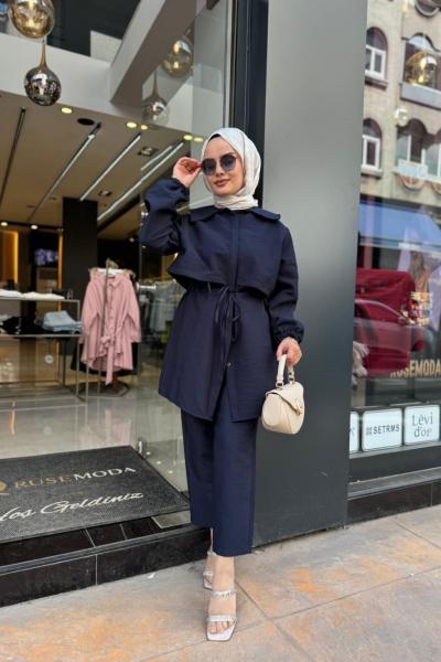 Bel Büzgülü Keten Kupra Pantolon Takım Lacivert