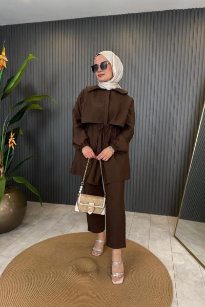 Bel Büzgülü Keten Kupra Pantolon Takım Kahverengi