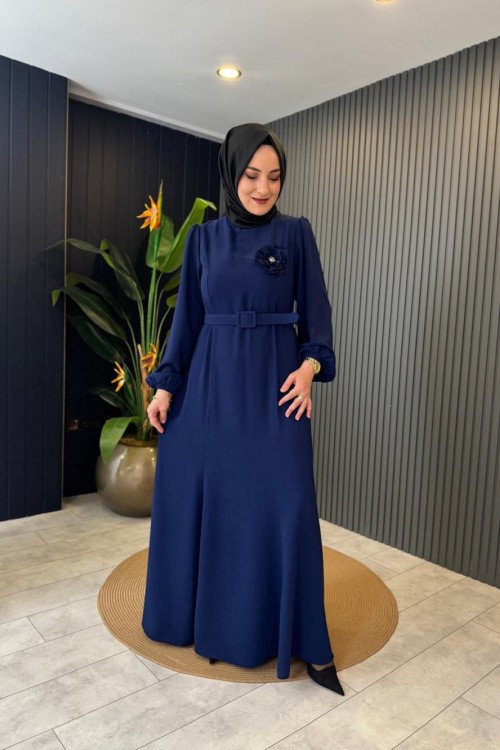 Kemerli Krep Elbise Lacivert