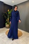 Kemerli Krep Elbise Lacivert