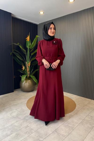 Kemerli Krep Elbise Bordo
