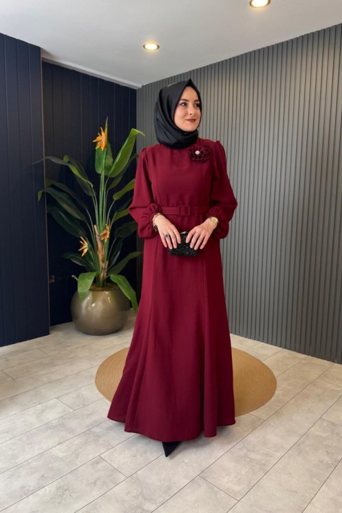 Kemerli Krep Elbise Bordo