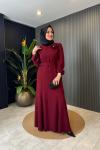 Kemerli Krep Elbise Bordo