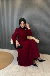 Kemerli Krep Elbise Bordo