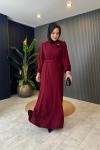 Kemerli Krep Elbise Bordo