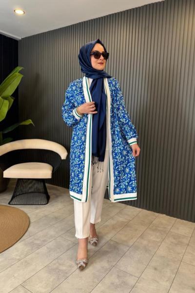 Dijital Baskılı Ribana Detaylı Ceket Saks Mavisi