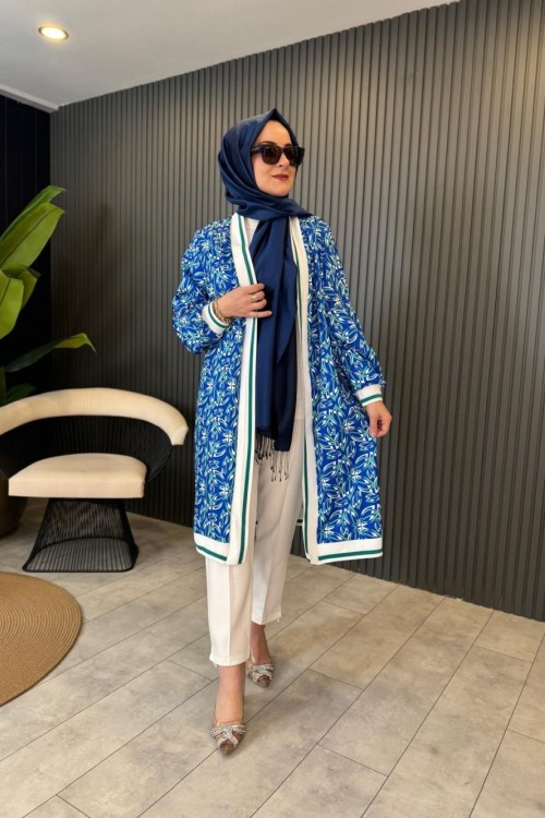 Dijital Baskılı Ribana Detaylı Ceket Saks Mavisi