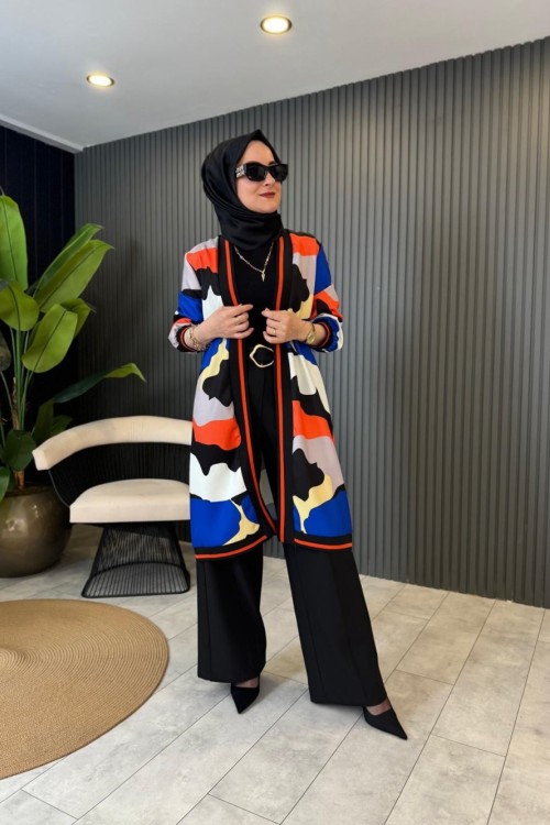 Dijital Baskılı Ribana Detaylı Ceket dalga desen