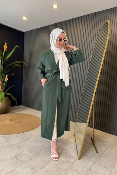 Tek Cepli Zımba Detaylı Dubai Belden Kuşaklı Kap Yeşil