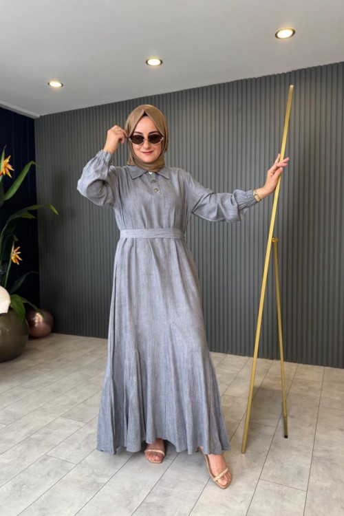 Etek Ucu Çan Düğmeli Batik Elbise Gri