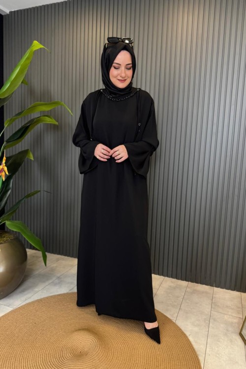 Yakası İnci Detaylı Vien Elbise Siyah