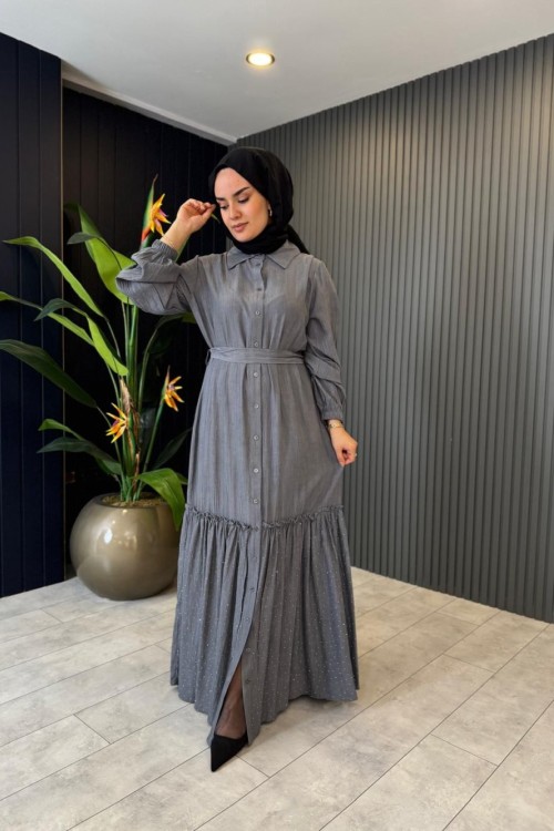 levidor Önü Düğmeli Elbise Gri