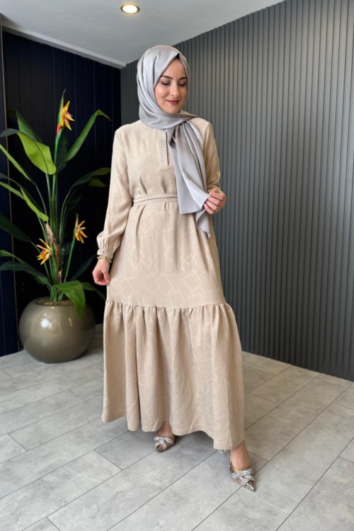 Leora Taş Detaylı Elbise Bej