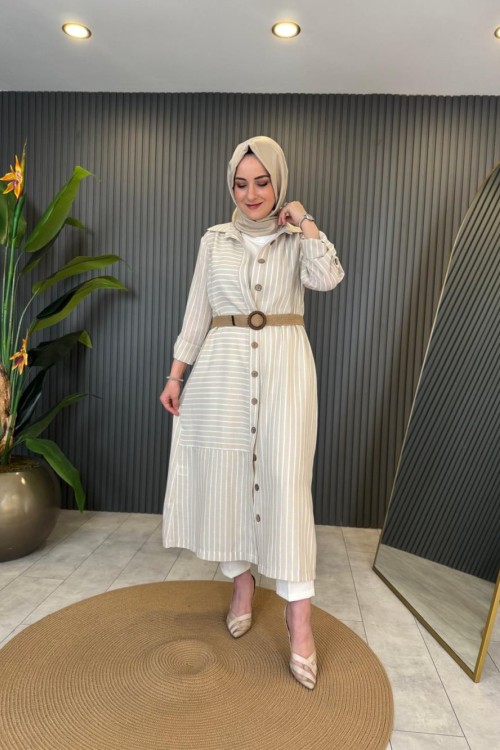 İnçe Çizgili Keten Uzun Gömlek Bej