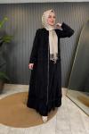 Kolu Ve Ön Bedeni Kafes Detaylı Fermuarlı Ferace Siyah