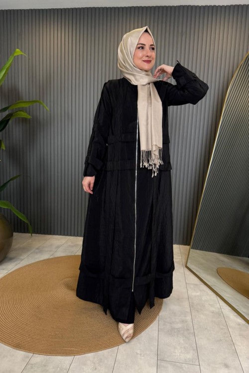 Kolu Ve Ön Bedeni Kafes Detaylı Fermuarlı Ferace Siyah