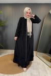 Kolu Ve Ön Bedeni Kafes Detaylı Fermuarlı Ferace Siyah