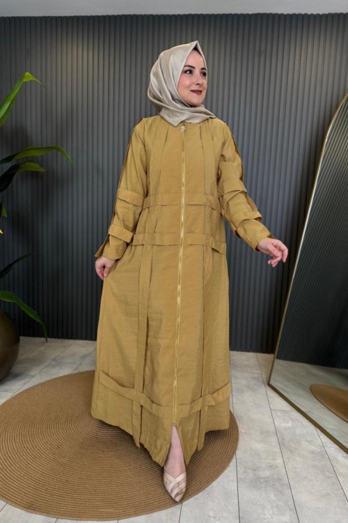 Kolu Ve Ön Bedeni Kafes Detaylı Fermuarlı Ferace Safran