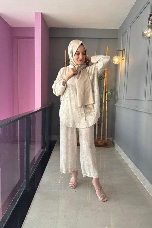 File Boncuk Detaylı Pantolonlu Takım Bej