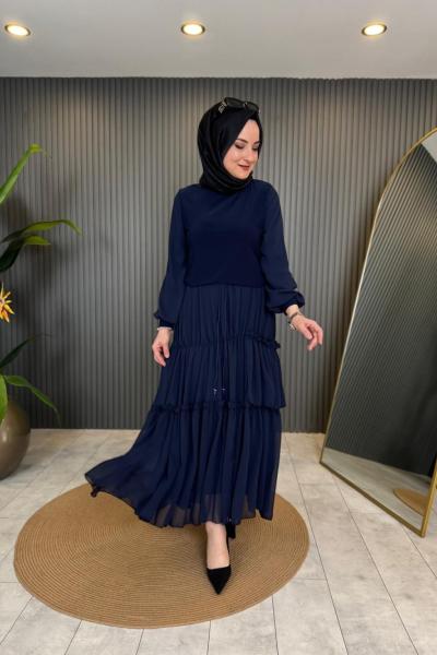 Kolu Şifon Garnili Etek Takım Lacivert