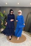 Kolu Şifon Garnili Etek Takım Lacivert